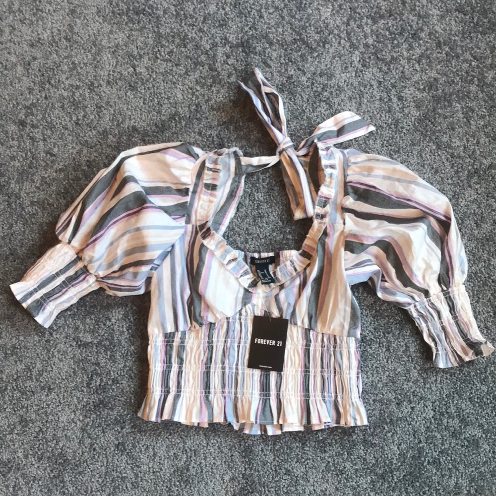 Forever 21 Puff Sleeve Striped Paper Style Crop Too